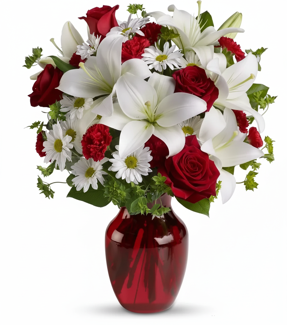 Christmas bestseller bouquet with red roses and lilies