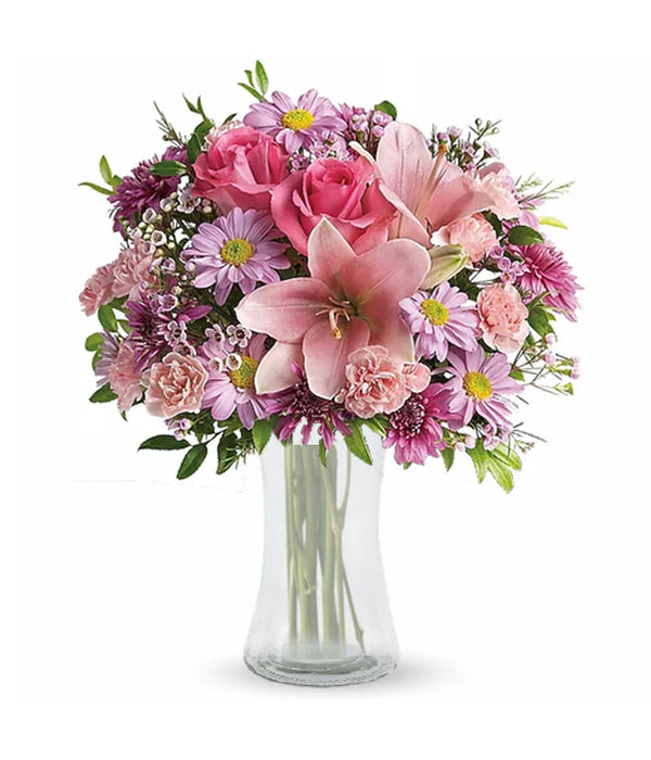 Heart of Summer bouquet of pink flowers in vase