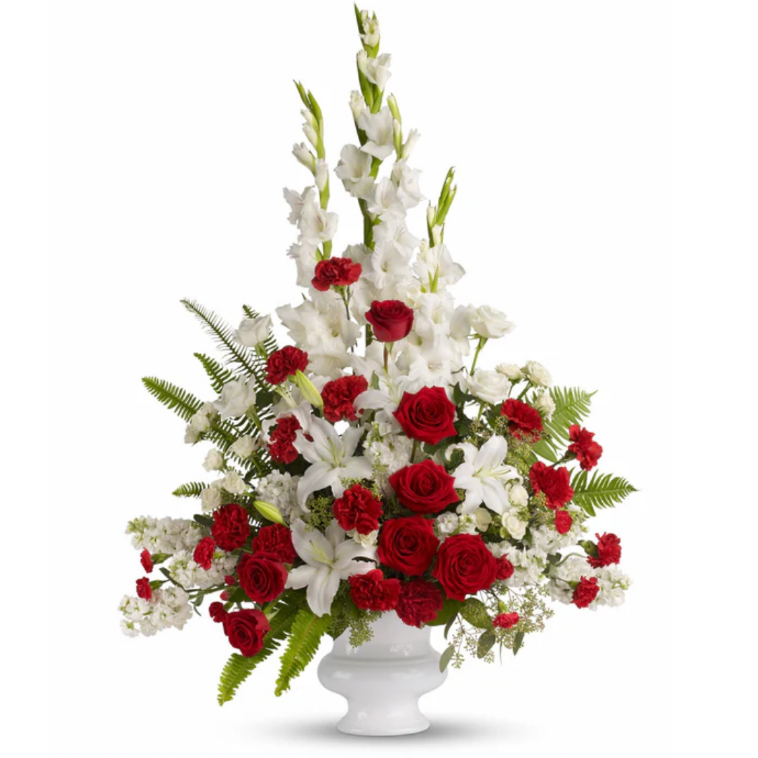 Elegant red rose and white flower arrangement