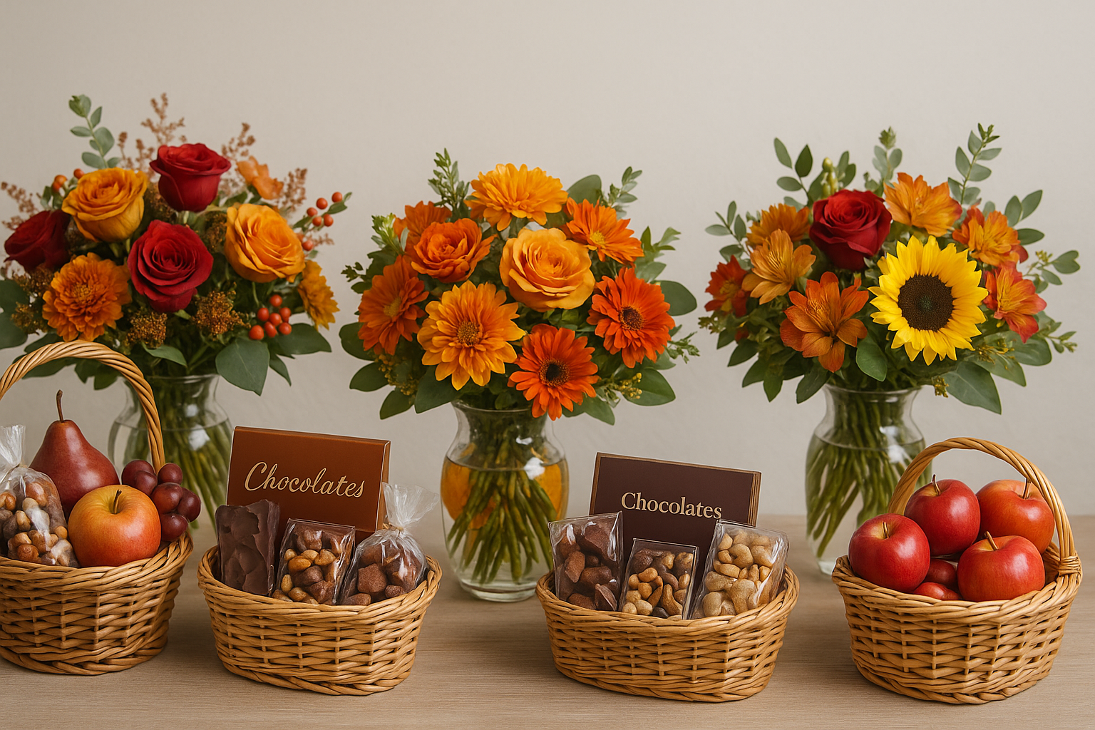 Fall flowers and gifts in baskets