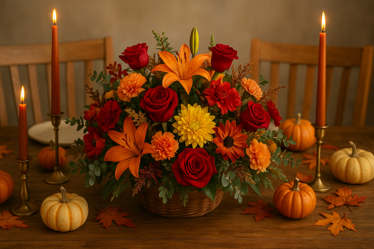 Luxe Thanksgiving centerpiece with flowers, candles, and pumpkins