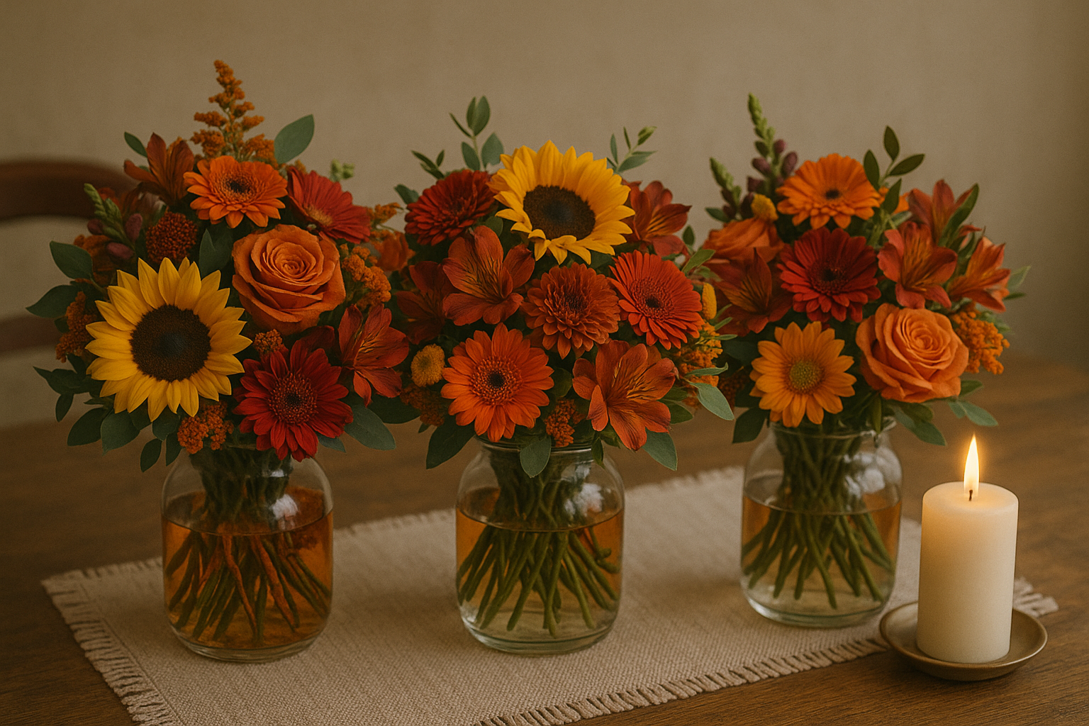 Monochrome fall flowers in vases, with candle.