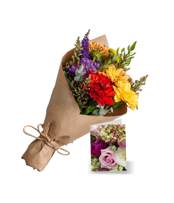 Rustic gift bouquet with flowers and card.