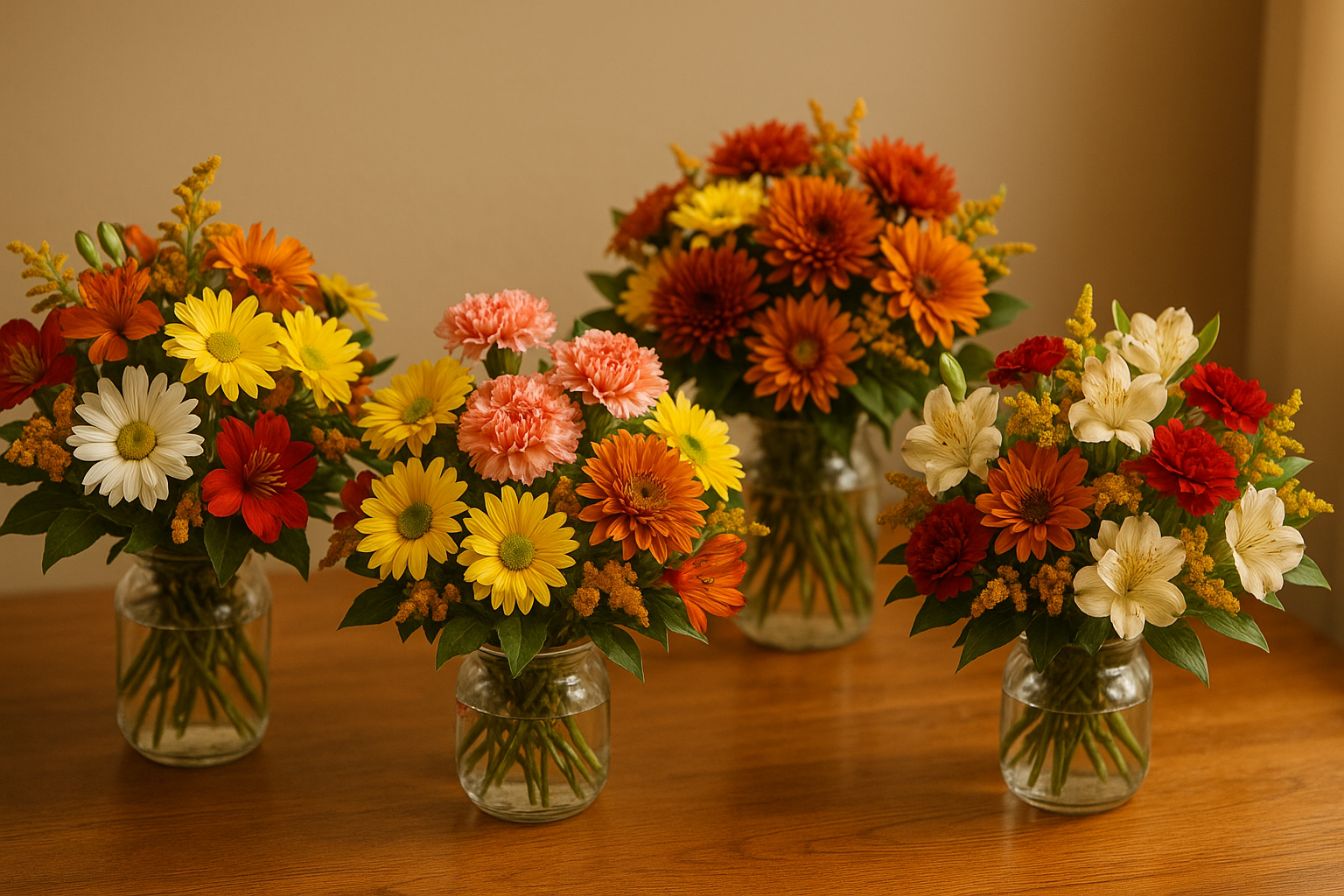 Variety of colorful flower bouquets in mason jars